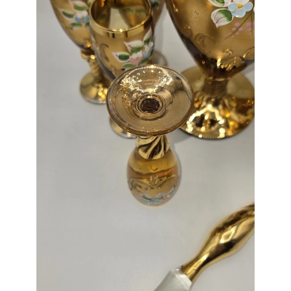 Vintage‎ Italian Venetian Gilt Glass Liquor Decanter Set Enamel Cordial Glasses